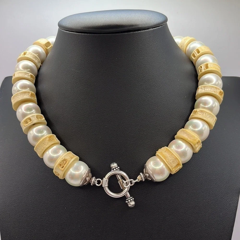 Sterling Silver Pearl and Bone Vintage unique choker necklace Toggle  Oversized